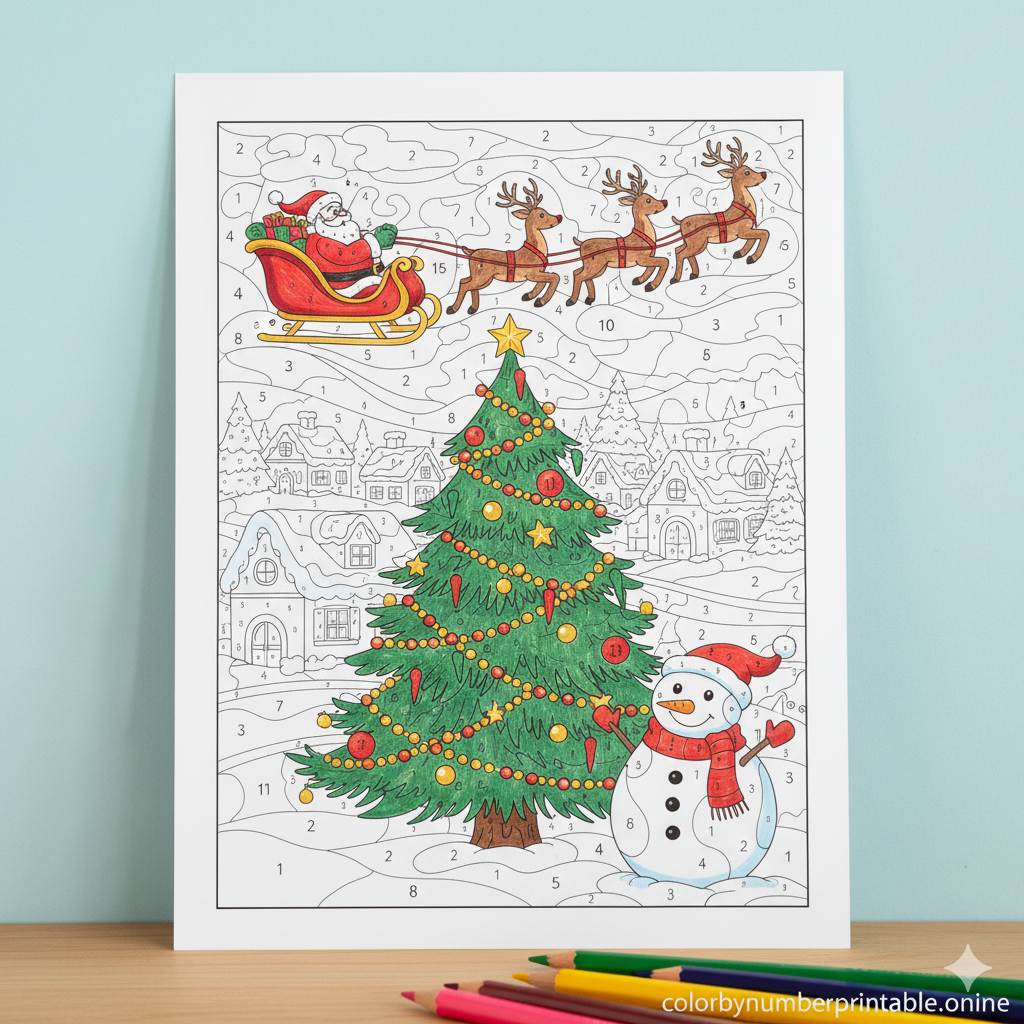 Christmas color by number printable with Santa Claus, Christmas tree, and snowman designs, warm red-green color palette, and clear number guides